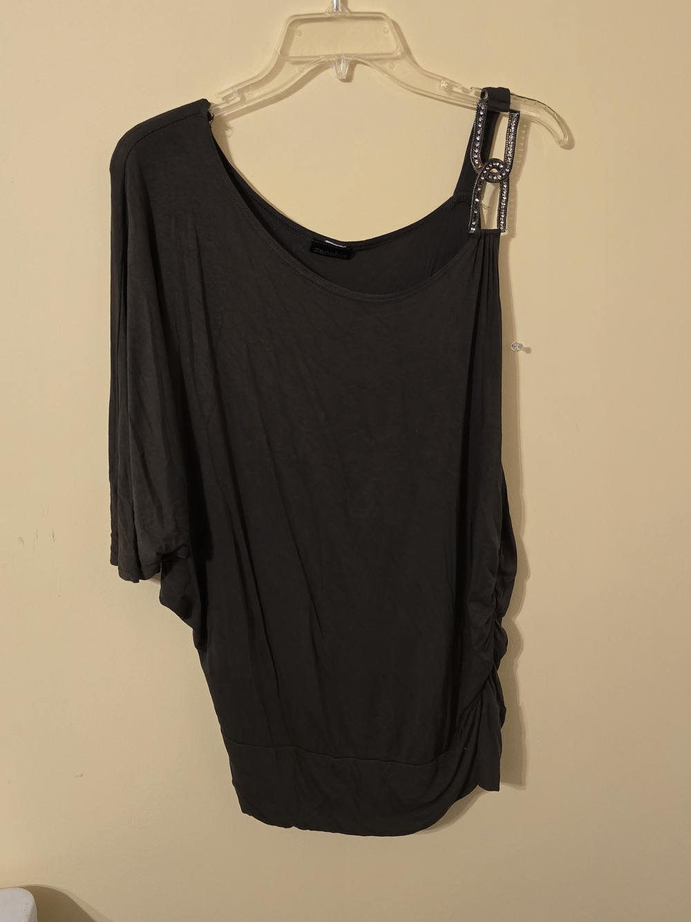 Zenobia Black Asymmetrical One-Shoulder Blouse with Embellished Strap